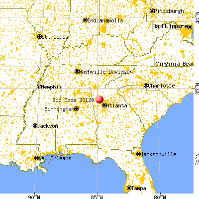 Cartersville, GA (30120) map from a distance