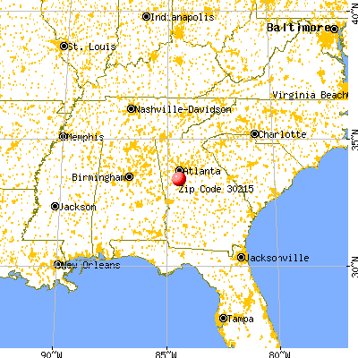Fayetteville, GA (30215) map from a distance