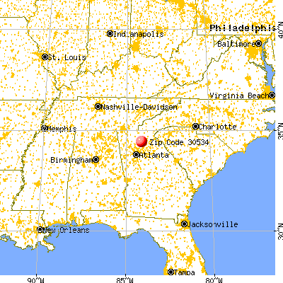Dawsonville, GA (30534) map from a distance