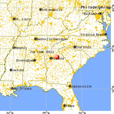 Athens-Clarke County, GA (30622) map from a distance