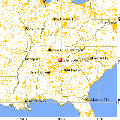 Fort Oglethorpe, GA (30742) map from a distance