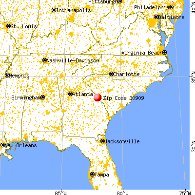 Augusta-Richmond County, GA (30909) map from a distance