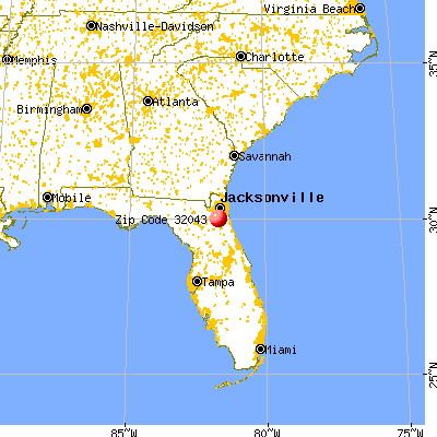 Asbury Lake, FL (32043) map from a distance
